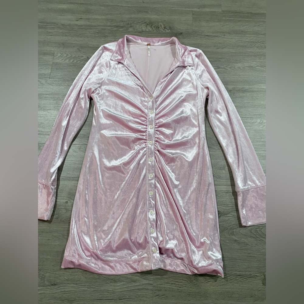 Free People Shayla Pink Ruched‎ Button-Up Dress Long Sleeve Velvet - Picture 5 of 7